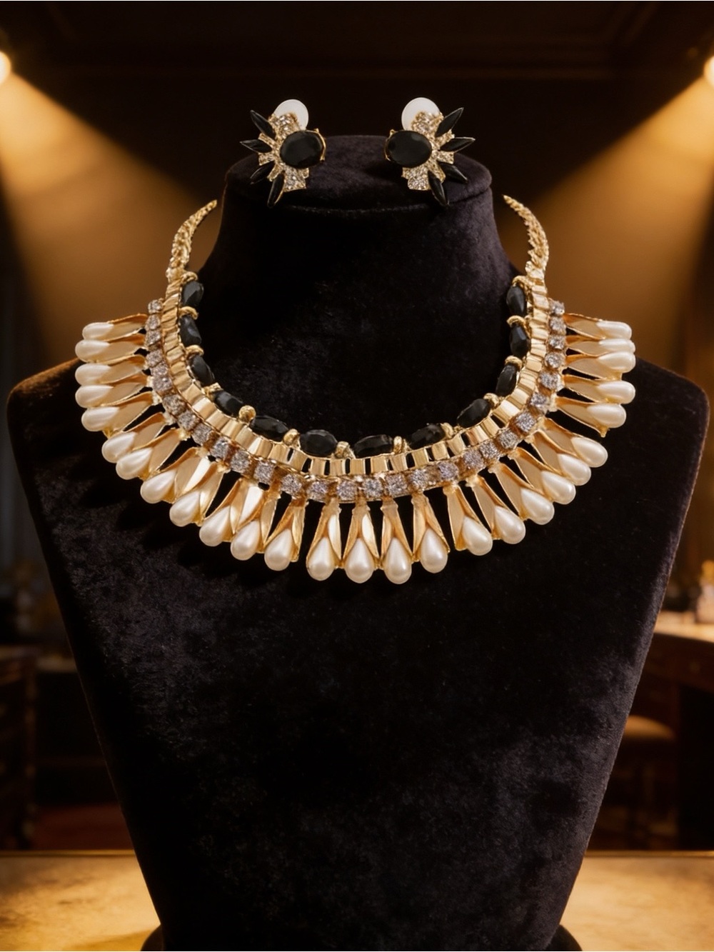Black & Gold Faux Pearl Statement Bib Necklace Set w/Rhinestone Accents
